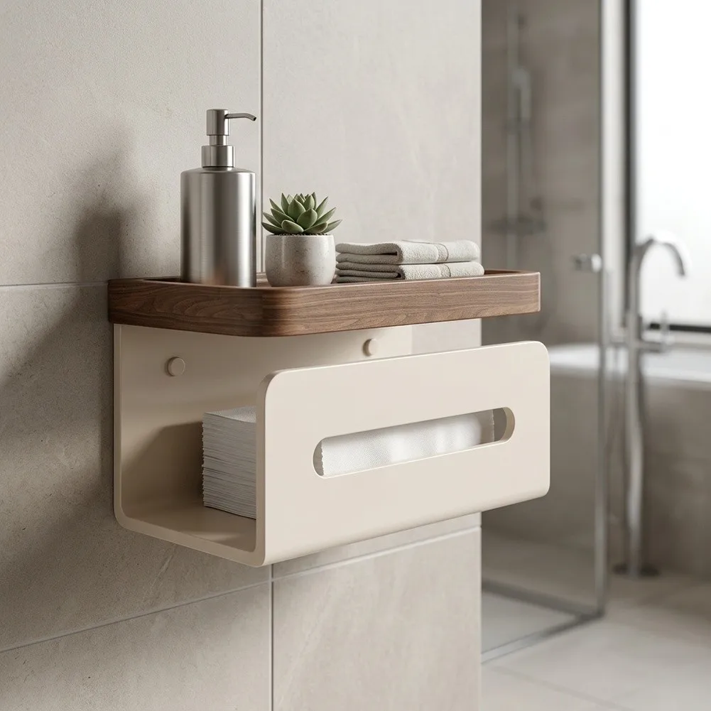 Toilet Paper Holder with Walnut Wood Shelf for Standard Rolls Face Towels and Daily Essentials Modern Space Aluminum Design