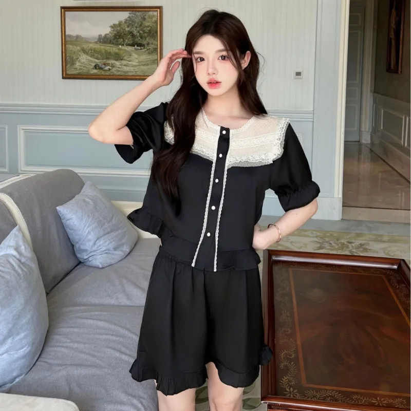 26 Spring Summer New Ice Silk Short-sleeve Pants Lace Princess High-end Homewear 2piece Set Women Pajamas Nigtgown Sleepwear