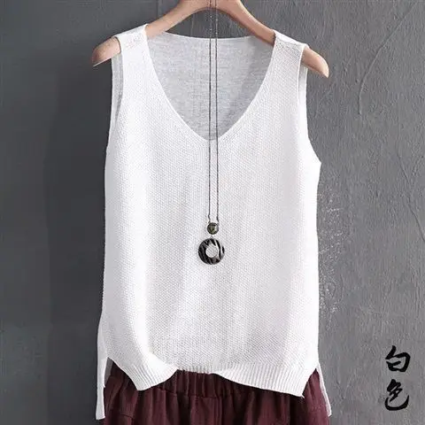 Summer Solid Color Women Comfortable Loose Large Size Ice Shreds Vest Knitting Sleeveless Multicolor Affordable All-match Tops