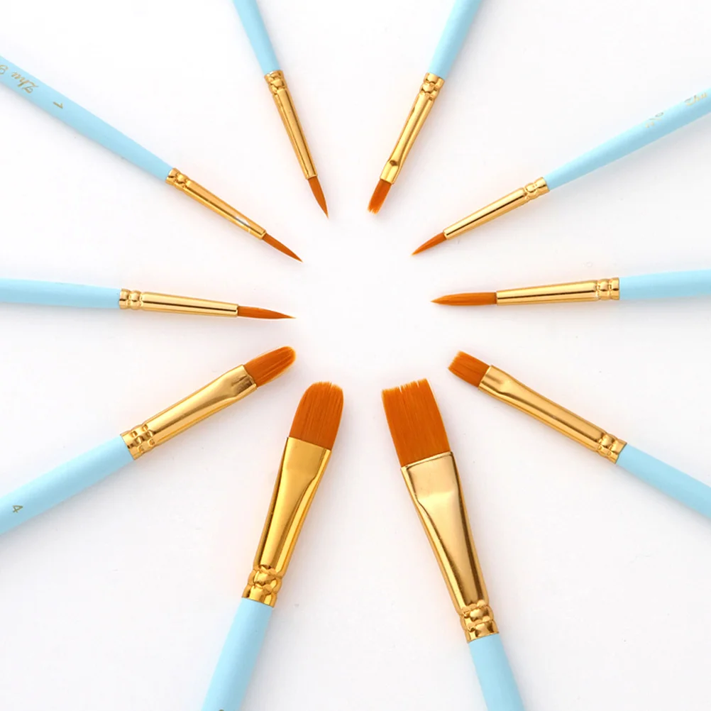 Juego de pinceles de pintura, interfaz de tubo de cobre, mango de madera de lana de nailon para suministros de acuarela, cabello duradero, 10 Uds.