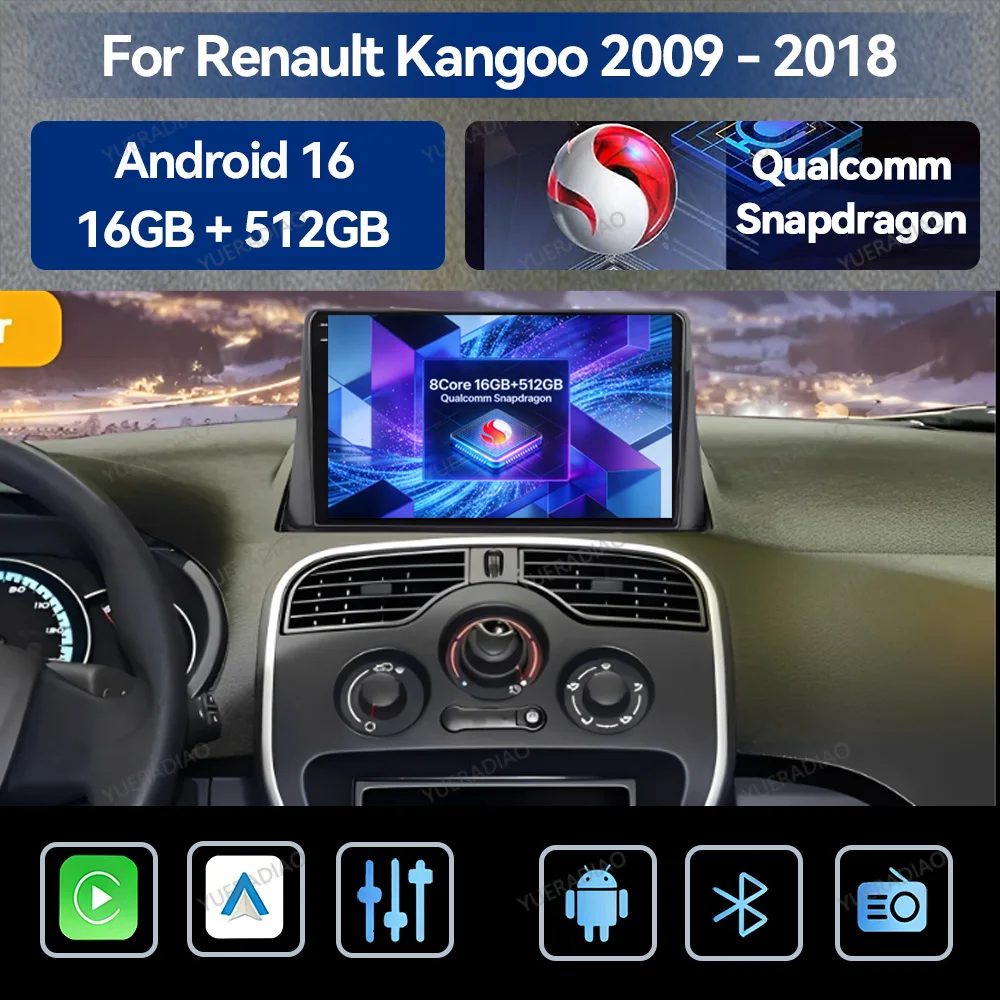 Android 16 Car Radio For Renault Kangoo 2009 2012 2015 2016 2017 2018 Multimedia Video Player Carplay Auto GPS NAVI 4G WIFI QLED