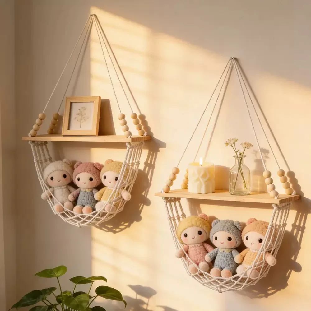Boho Macrame Wall Hanging Shelf with Net Basket Wooden Floating Shelf for Home Bedroom Living Room Decor & Kitchen Storage Gift