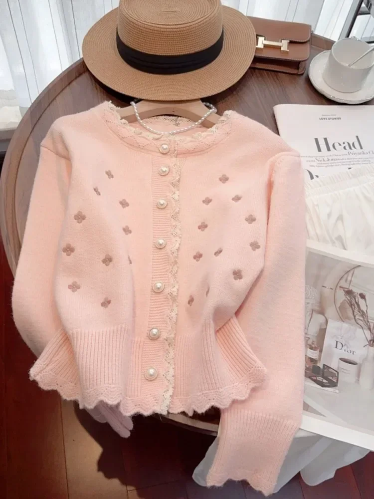 Autumn Winter Women Korean Fashion Solid Color Cardigan Sweater Lace Knit Jacket Long Sleeve Mori Girl 2000s Aesthetic Old Money