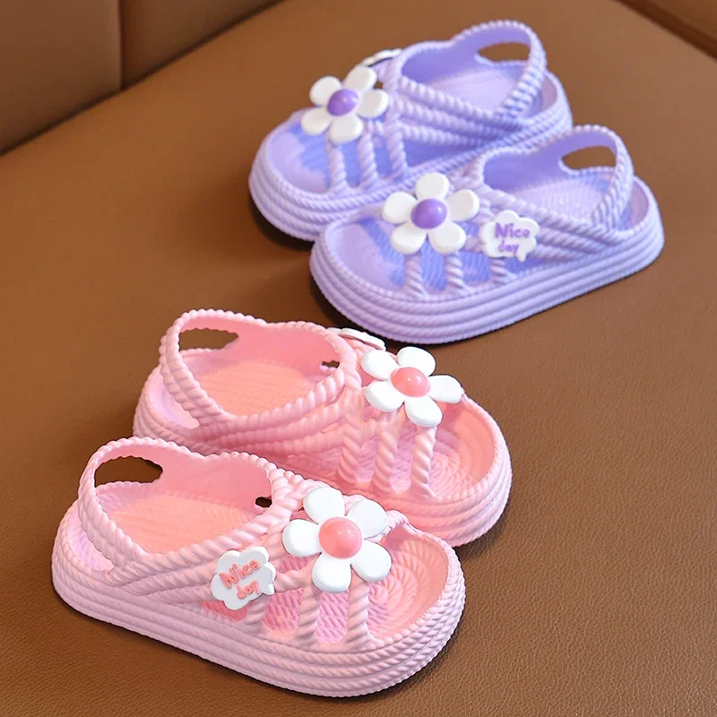 New Summer Cute Flower Design Children Slippers Lithe Comfort Sandal For Girls Baby Non-slip Seabeach Flip Flops Home Kids Shoes