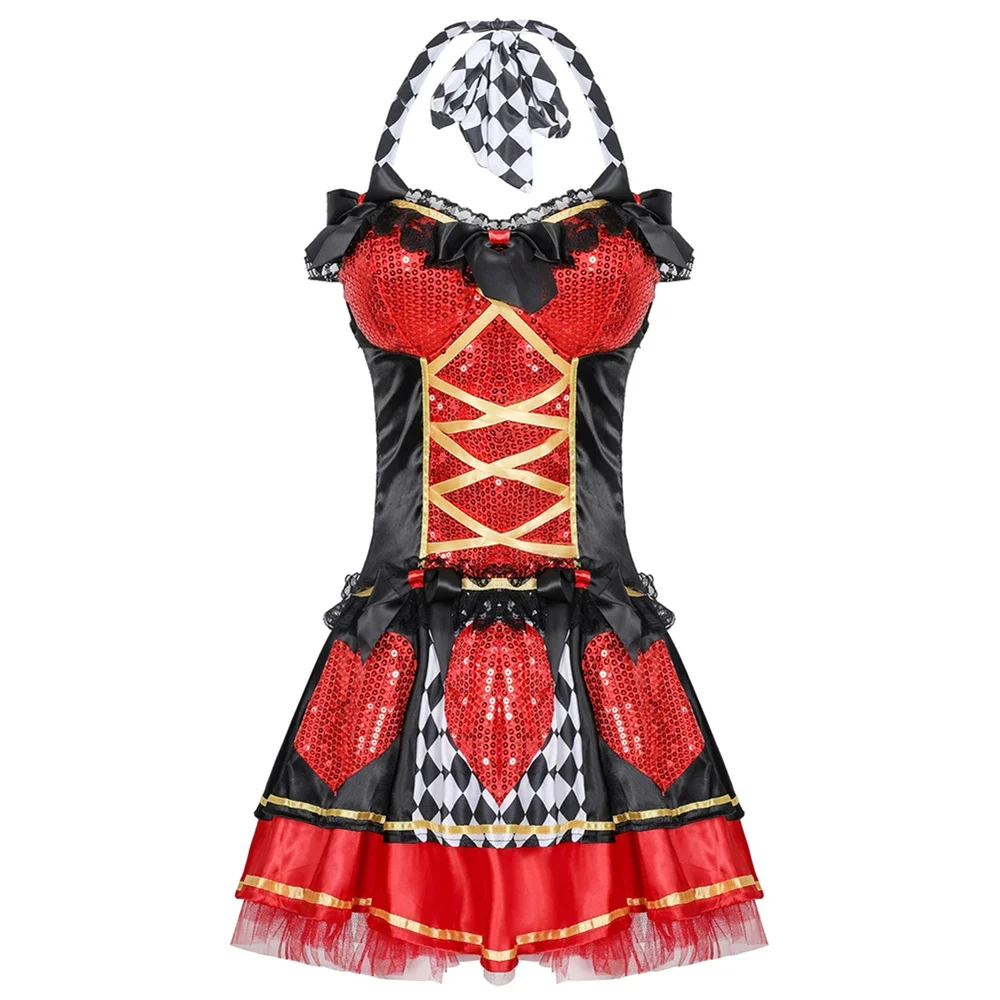 Women\'s Wonderland Alice Queen of Hearts Queen poker Costumes Halloween Sexy Empress Cosplay Red Gothic Sequins Short Dress