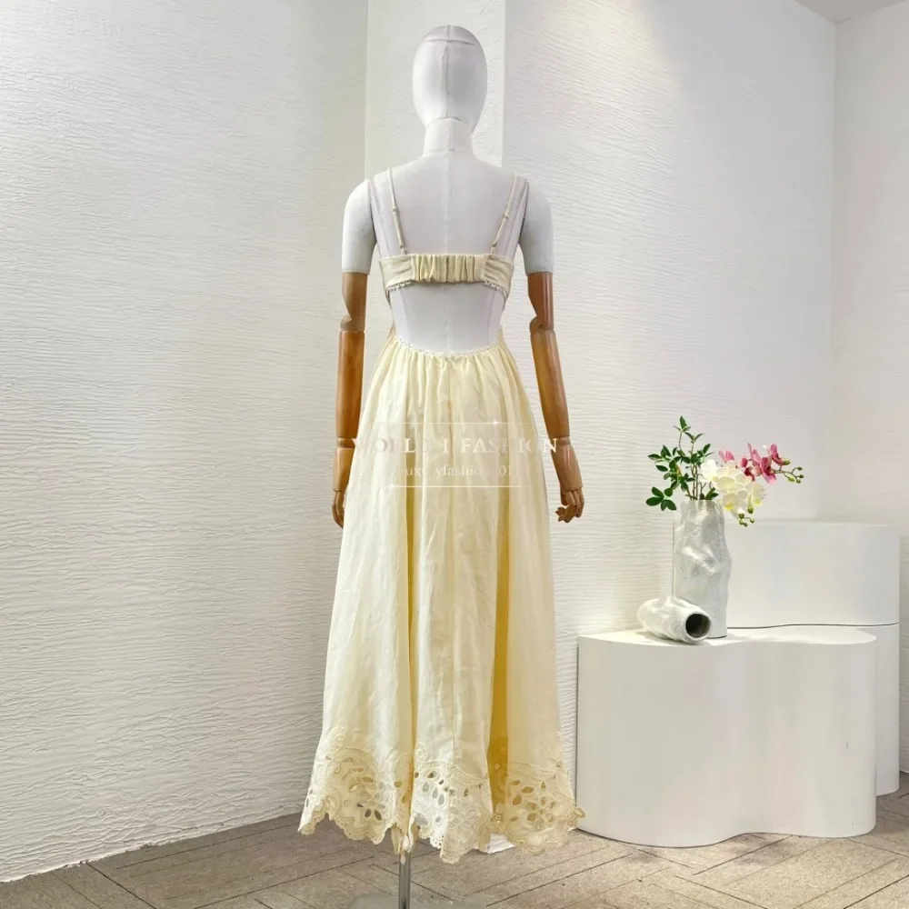 Vestido midi bege sem mangas bordado recortado sem costas 2025 Ramie