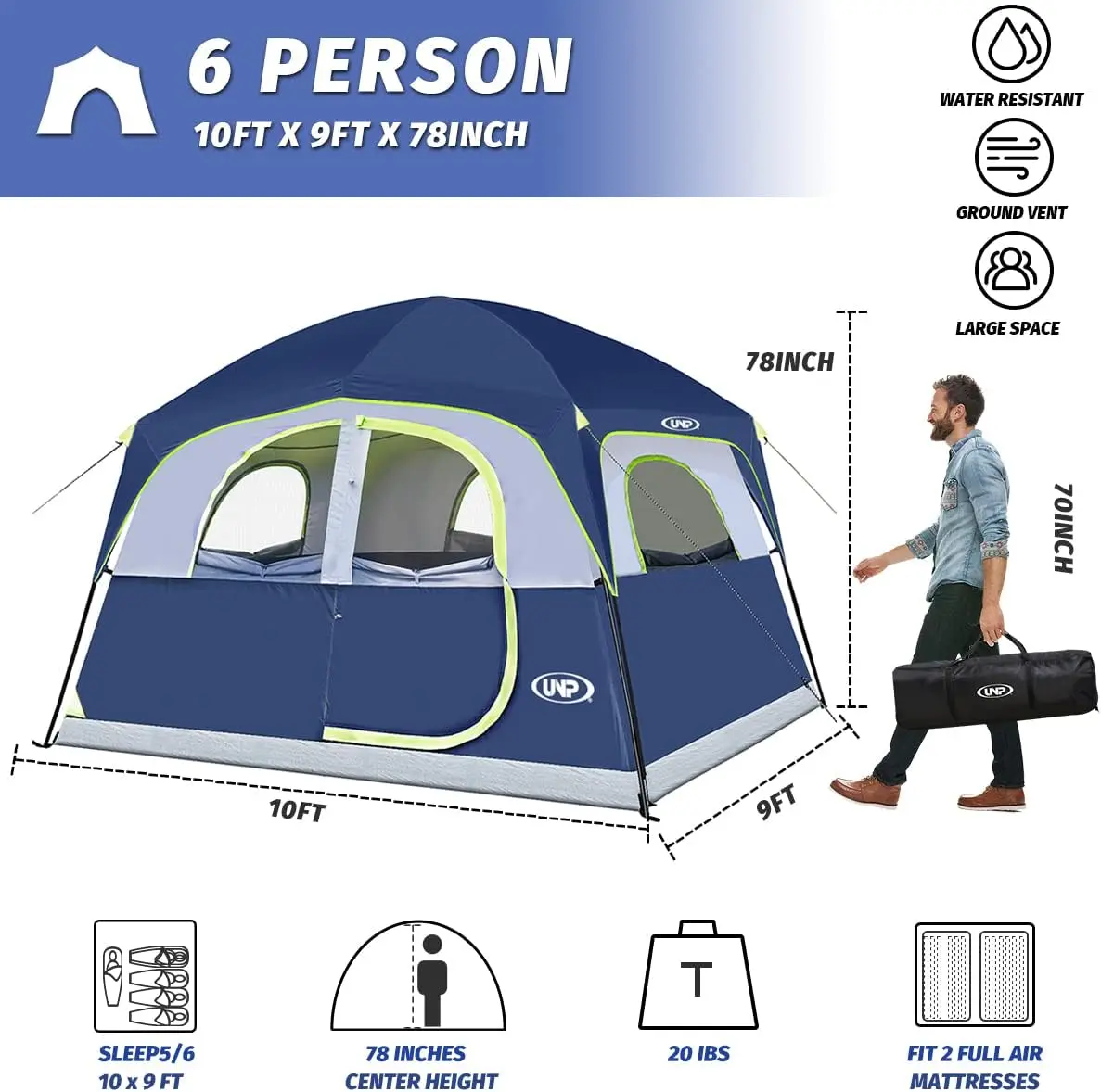 UNP Tents 6 Person Waterproof Windproof Easy Setup,Double Layer Family Camping Tent with 1 Mesh Door & 5 Large Mesh Windows -10'