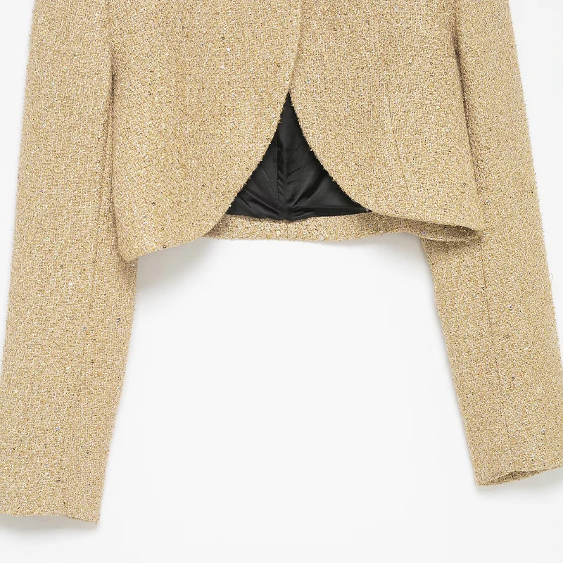 Willshela Moda donna con paillettes dorate con bottone singolo Giacche corte Vintage maniche lunghe O-Collo Abiti da donna chic femminili