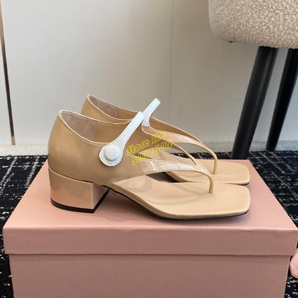 

Block Heel Square Toe Flip Flop Sandals Nude Burgundy Patent Leather Runway Women Open Toe Handmade Dress Shoes