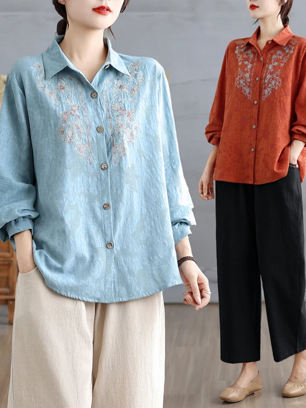 

Retro Embroidered Cotton Linen irt Casual Harem Pants Two Piece Set for Women Anti Aging Trendy Mom Spring Season Wear