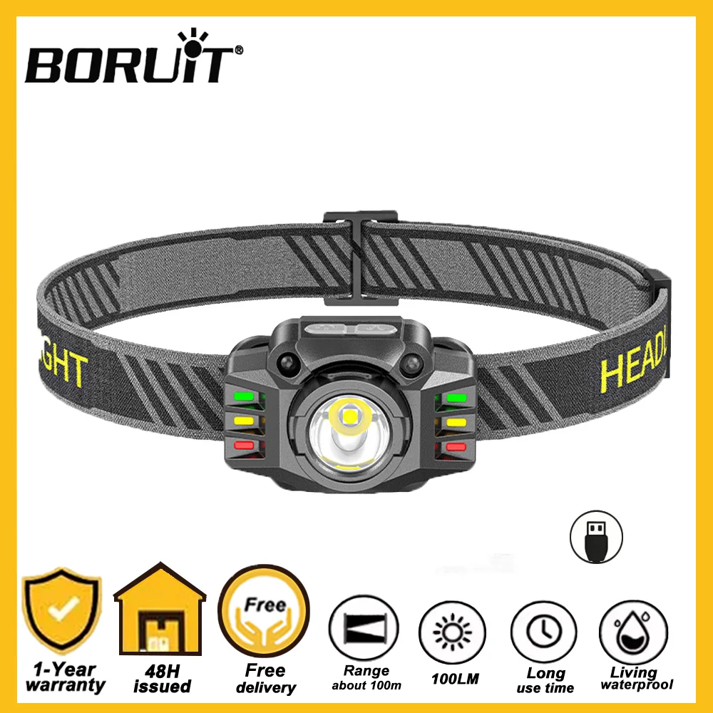 

BORUiT LED Induction Headlamp Rechargeable with Built-in Battery Portable Waterproof Headlight for Fishing Camping Outdoor Use
