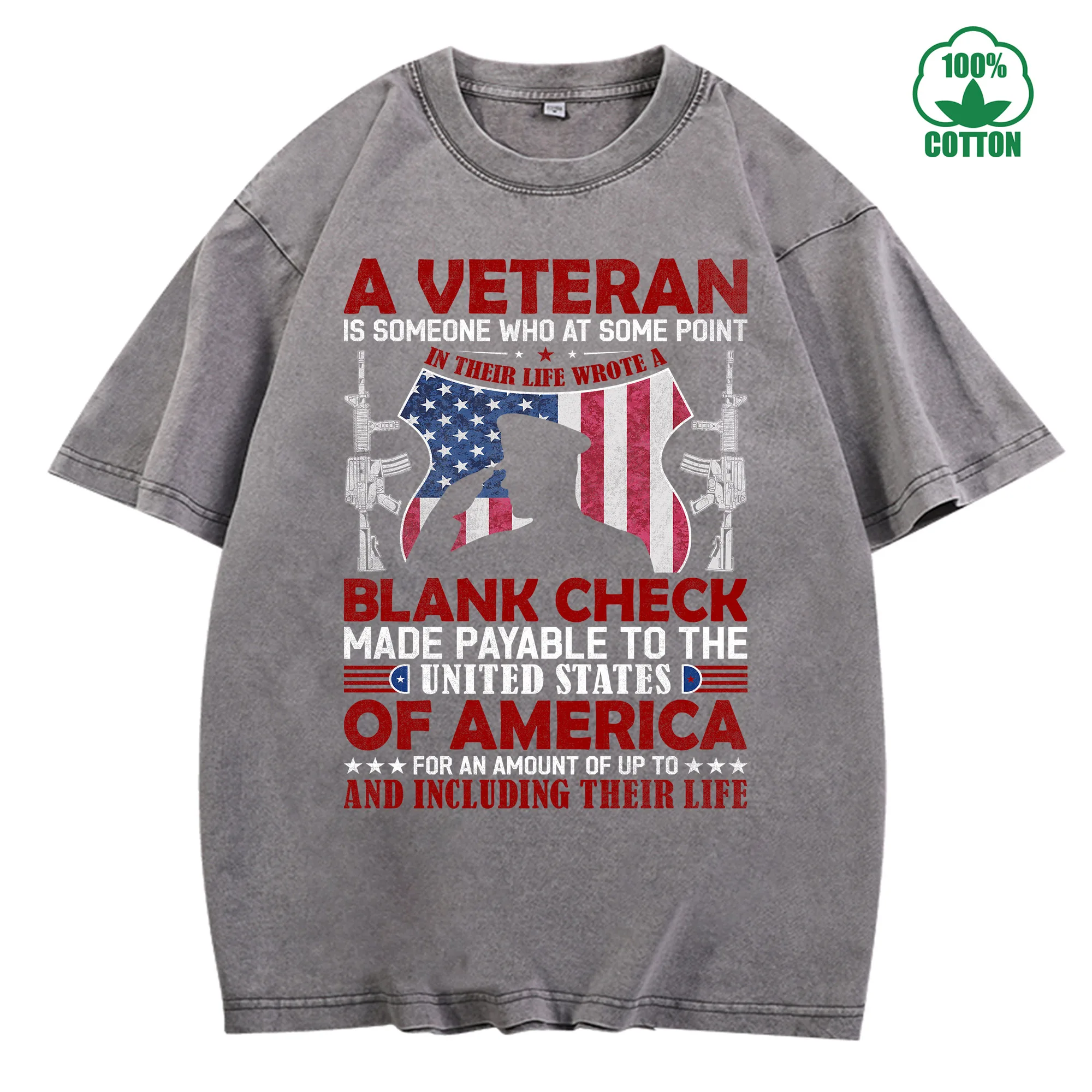 A Veteran Graphic Print Vintage Washed T-Shirt 230g 100% Cotton Unisex Comfortable Oversized Streetwear