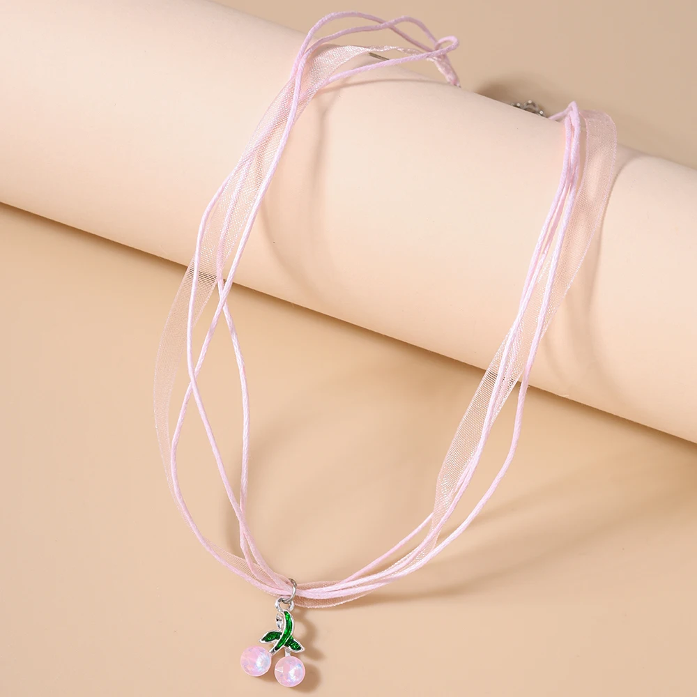 

Aihua Cute Crystal Pink Cherry Pendant Necklace for Women Kids Rope Chain Necklace Vacation Jewelry Gifts