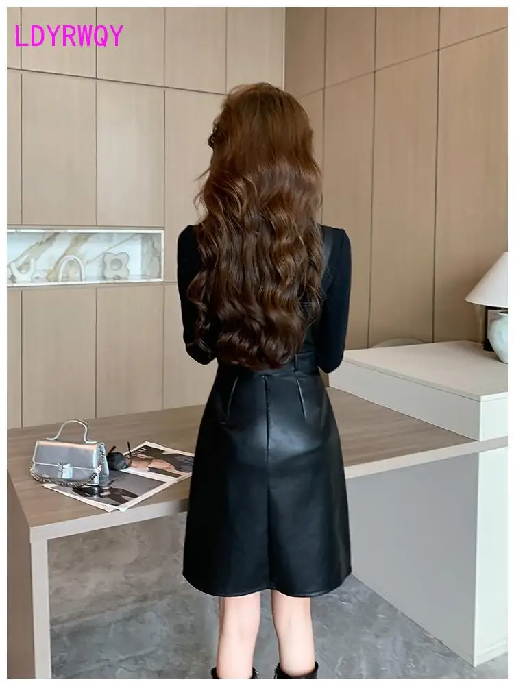 Set of leather dresses with suspenders  new long sleeved style retro waistband slimming PU leather dress set of 2