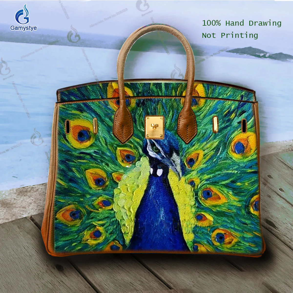 

Art Hand-Painting Beautiful Peacock Customize Totes Real Togo Cowskin For women Handbag Designer Shoulder Bag Unique personality