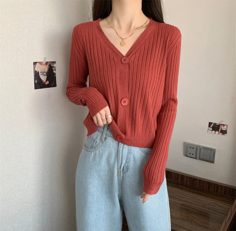 Ribbed Knit Cardigan Sweater for Women Long Sleeve V-Neck Wavy-hem Plain Knit Jacket Teen-girl Fall Winter Basic Outfit