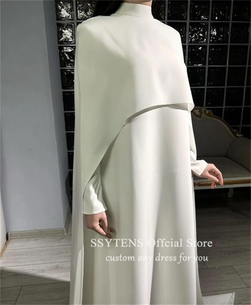 Elegant White Muslim Wedding Party Dresses Customized Prom Gowns Cape High Neck Bridal Arabic Bespoke Homecoming Evening Dress