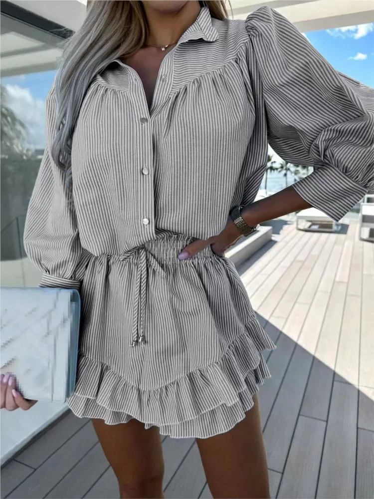 

Summer New Striped Print 2 Pieces Sets Casual Lapel Long Sleeve Shirt + Ruffle Skirts Suit Women Fashion Holiday Female Outfits