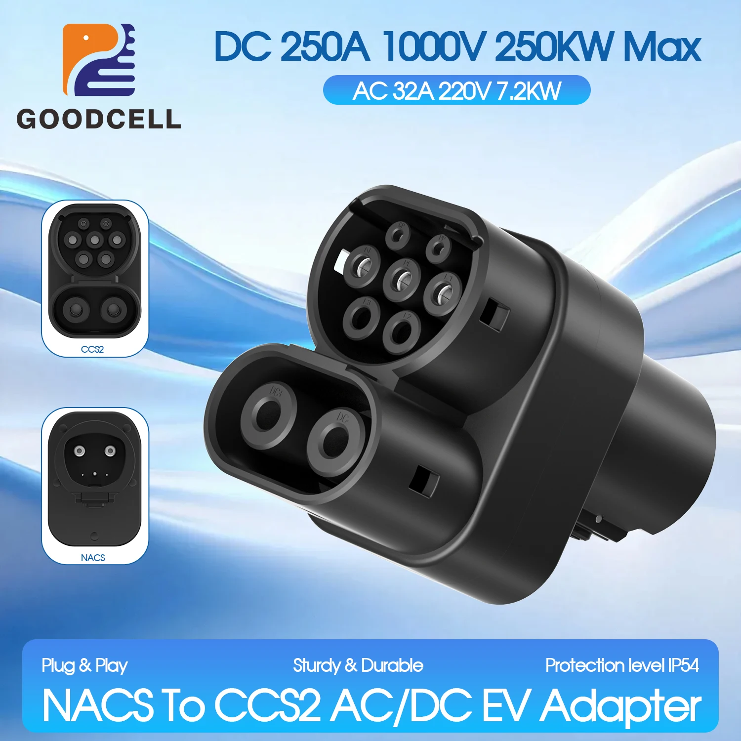 

Адаптер для быстрой зарядки GOODCELL NACS на CCS2 AC/DC, 7.2 кВт, 250 кВт, 32 А, 250 А, коннектор-преобразователь для электромобилей