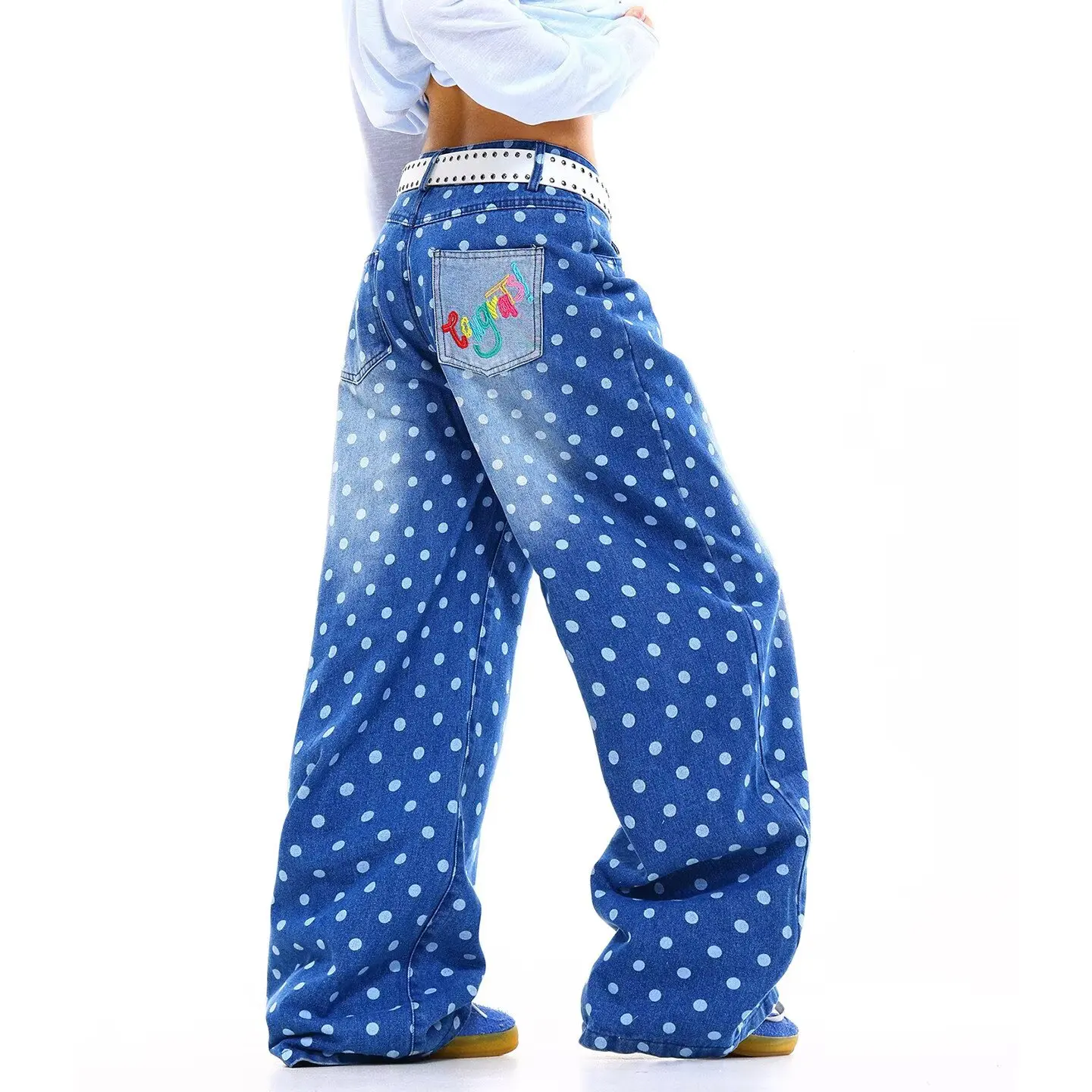 American Style Vintage Washed Polka Dot Knife Wide Leg Jeans Women Loose Floor Length High Waist Loose Small Curved Knife Drag P