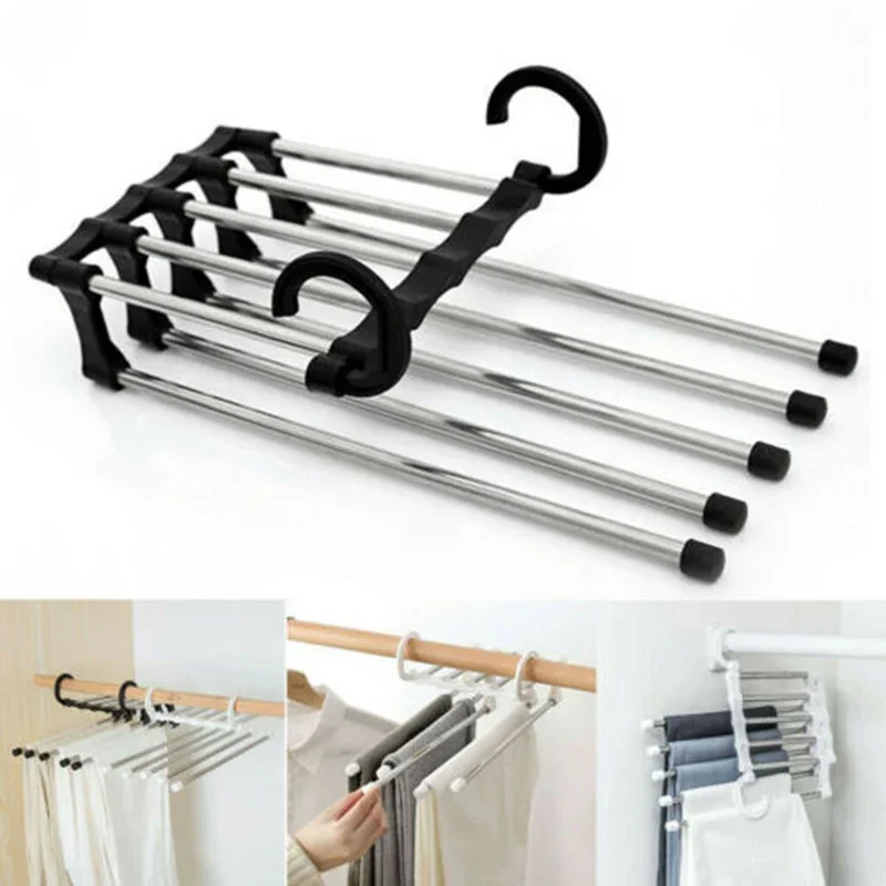 Hot Newest Multifunction 5 in 1 Pant rack shelves Stainless Steel Clothes Hangers Multi-functional Wardrobe Magic Hanger