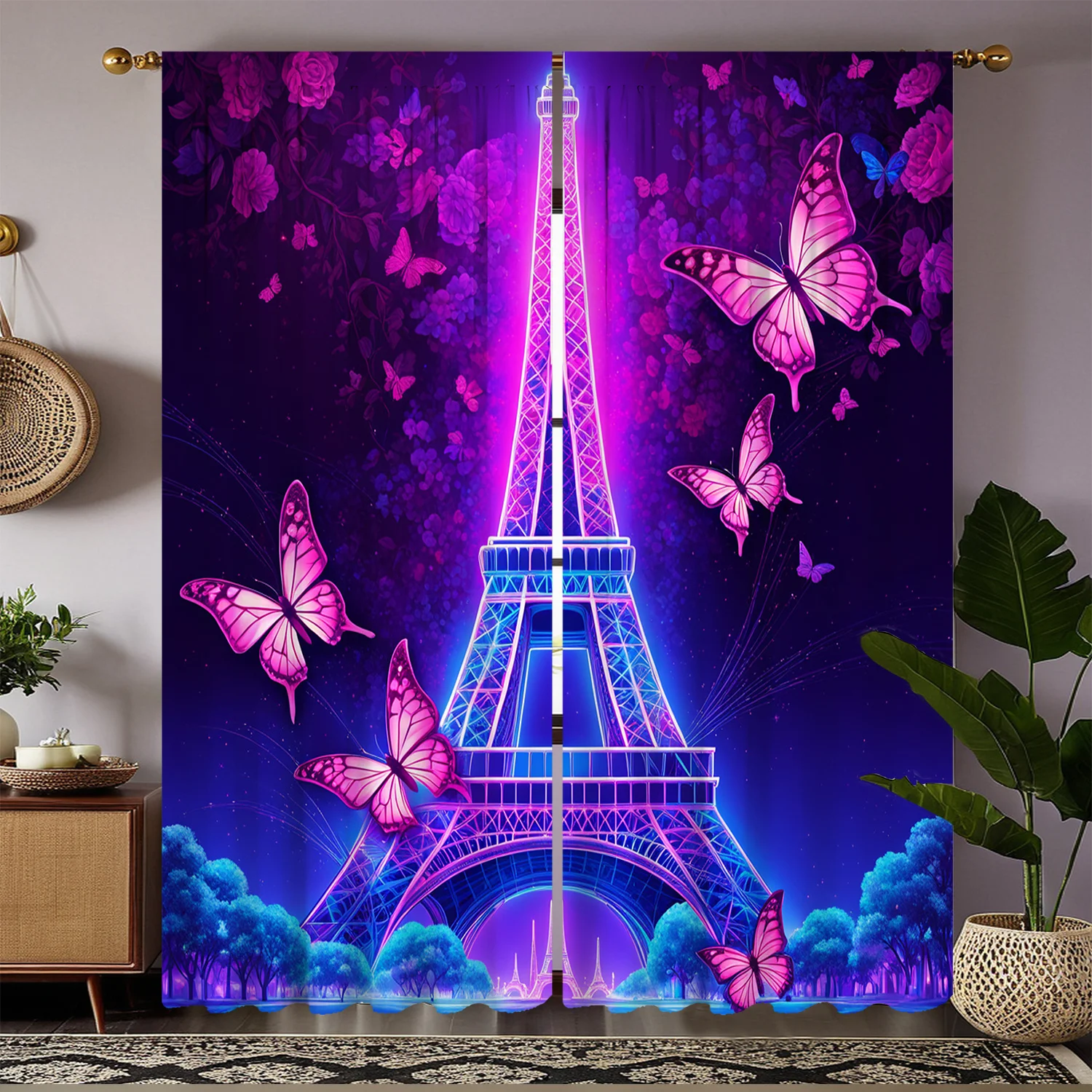 Open 2pcs HD Digital Curtain Printing Simulation Dark Purple Gradient Background Eiffel Tower Pink Butterfly Blue Pink Luminous