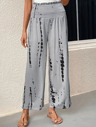 Pantalones informales de talla grande para mujer, pantalones de pierna ancha, cintura fruncida, teñido anudado, ribete de volantes, tiro alto