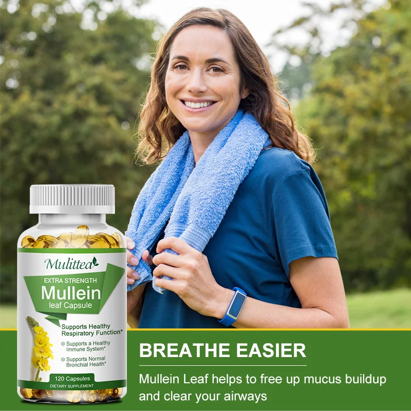 Mulittea Natural Mullein Leaf Capsules Herbal Supplement for Lung Cleanse Helps Healthy Respiratory Function & Mucous Membranes