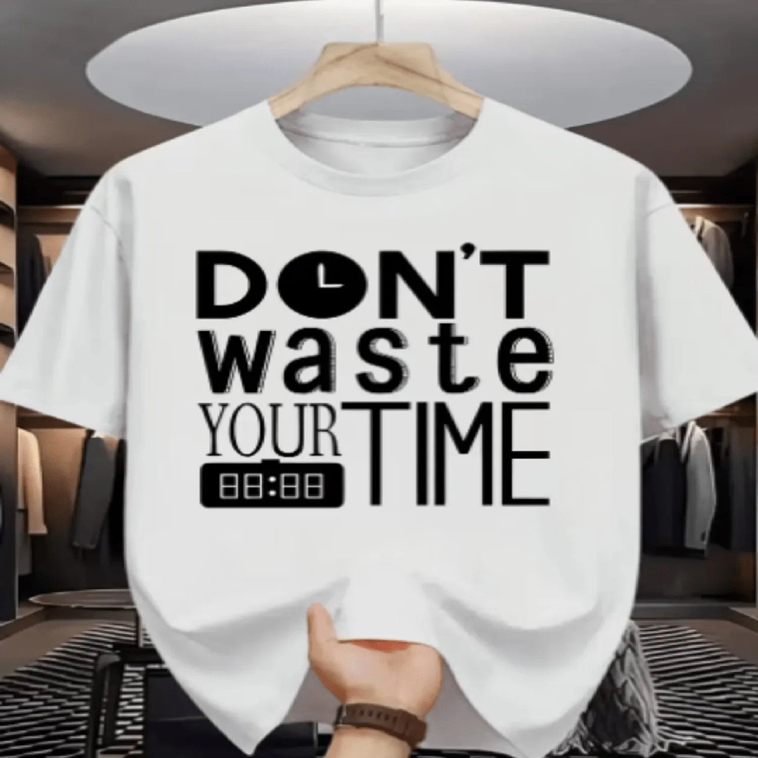 Minimalist _DON'T WASTE YOUR TIME_ T-Shirt - American High Street Style Round Neck Casual Summer Top with Logo Print, Machine Washable Suitable for Daily Wear Photoshoots, Non- Retro Graphic Shirt, Holiday Tshirt