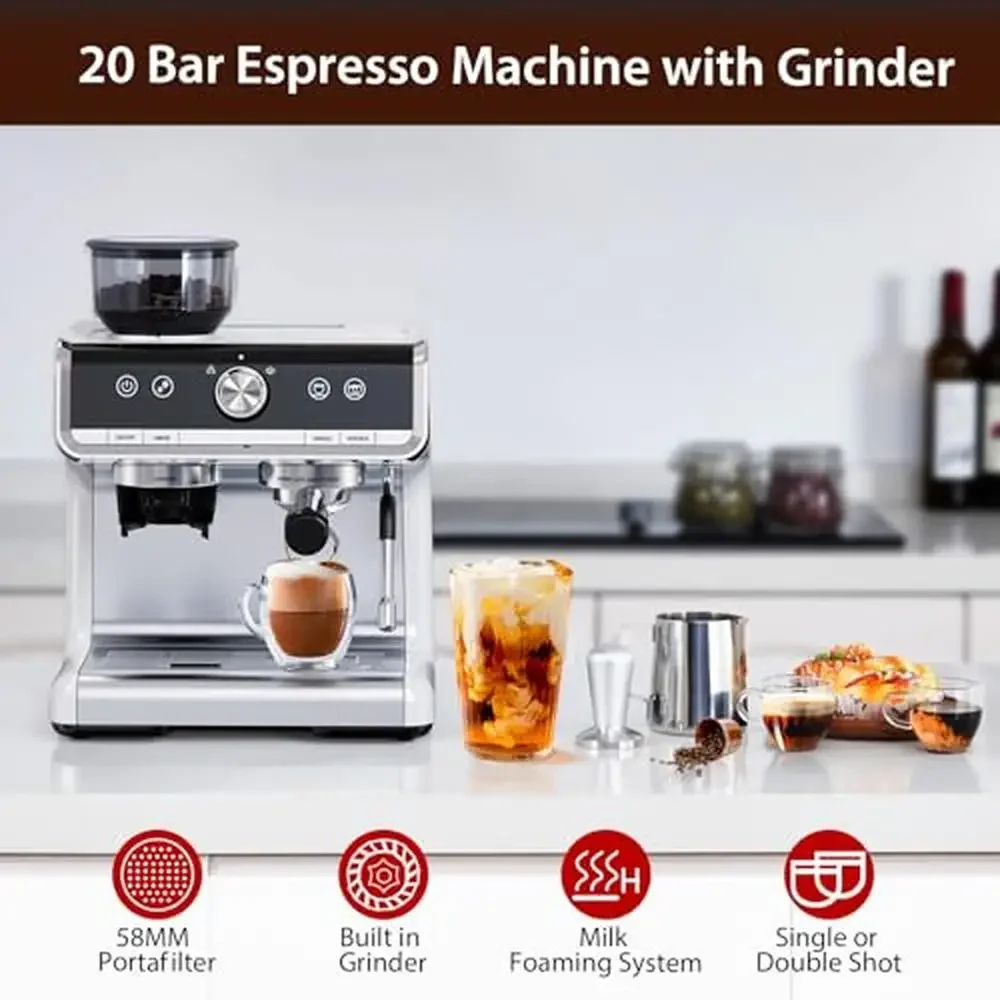 20-Bar Espresso Machine with Built-in Grinder & Milk Frother 1450W Professional Barista Espresso Maker 2.8L Water Tank Pressure