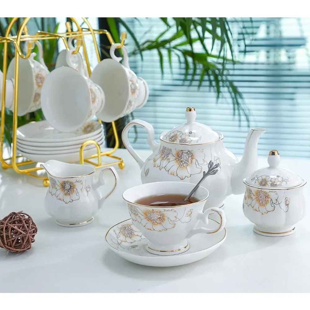 

Tea Set 22 Pieces Ceramic Coffee Tea Gift Set Cup Saucer Service With Teapot Sugar Bowl Coffeeware Teaware Tools Kitchen Dining