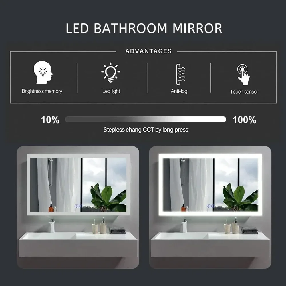 Led Mirror Bathroom, Lights Vanity Mirror with Anti-Fog,Dimmable,Touch Button Mirrors for Wall