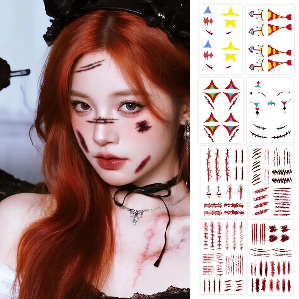 Stiker Tato Halloween, Stiker Wajah Sementara Halloween, Tato Makeup Luka Simulasi Gotik, Stiker Bekas Luka, Makeup Wajah E4V4