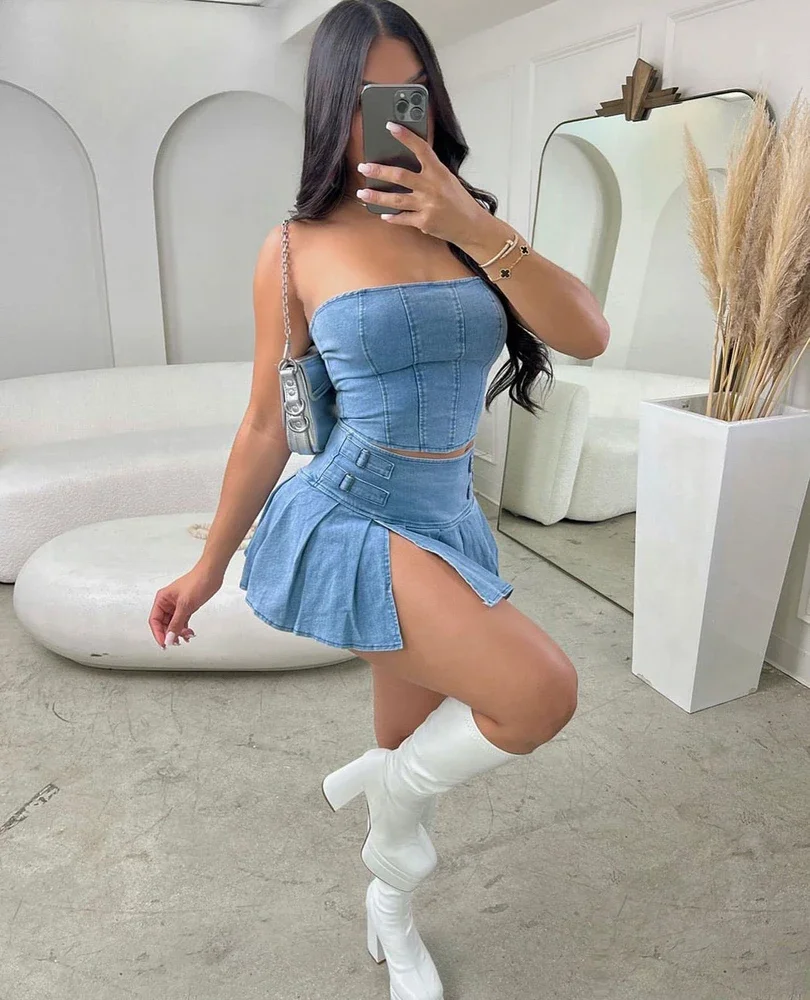 GIOIO Sexy Summer Outfits Women  Fashion Jean Dress with Skirt 2 Piece Sets Bustier Blue Denim Two Piece Outfit Split Skirt Set