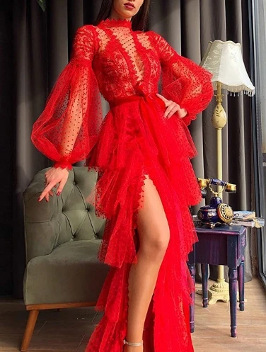 Elegant Long Sleeve Vintage O-neck Chic See Through Mesh Slim A-line Fairycore Cake Dresses Vacation High Street Autumn Clothing