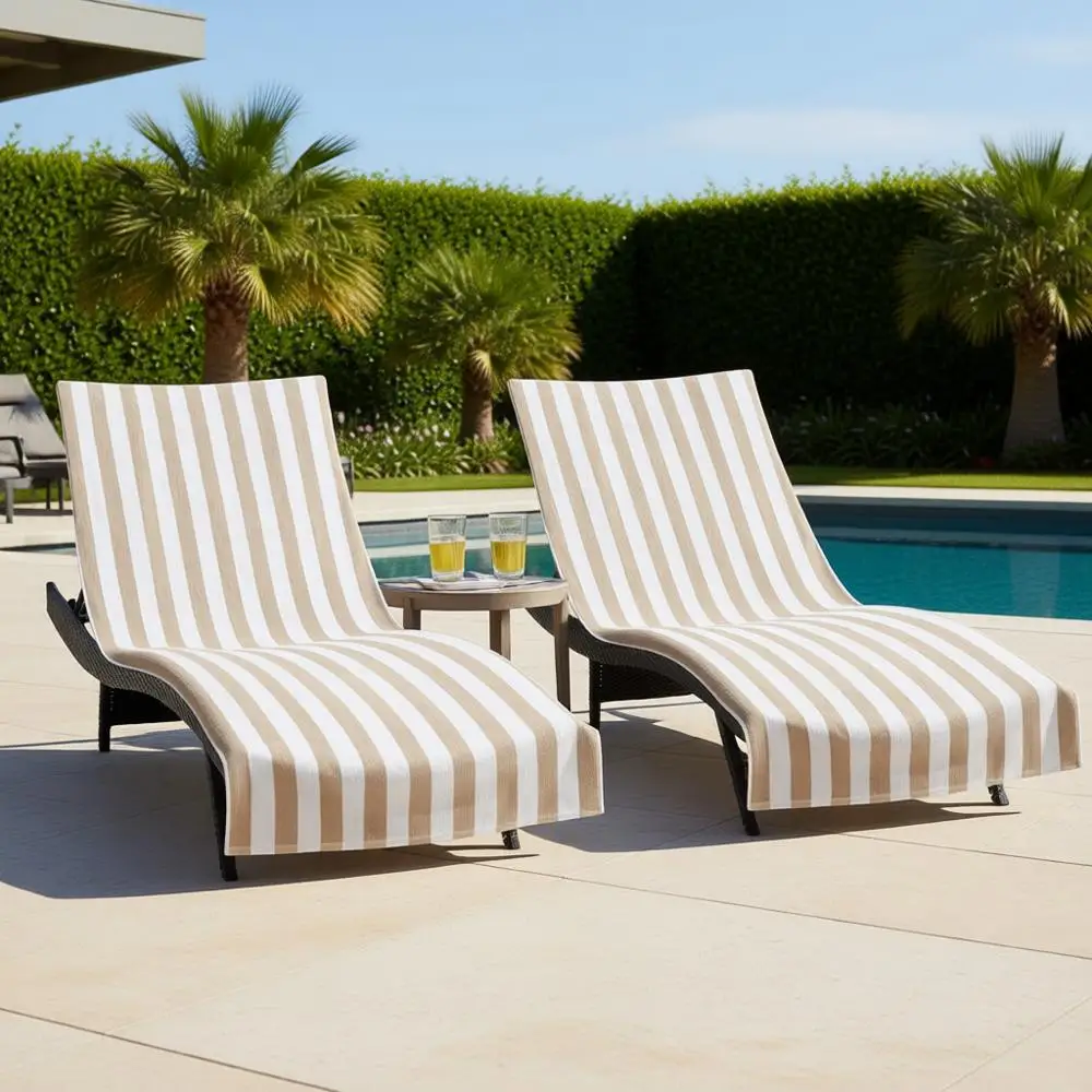 

California Chaise Lounge Cover - Set of 2 - Striped Cotton Cabana Towel with Key Holder, Beach Pool Outdoor Chair, 30 x 85 in.,