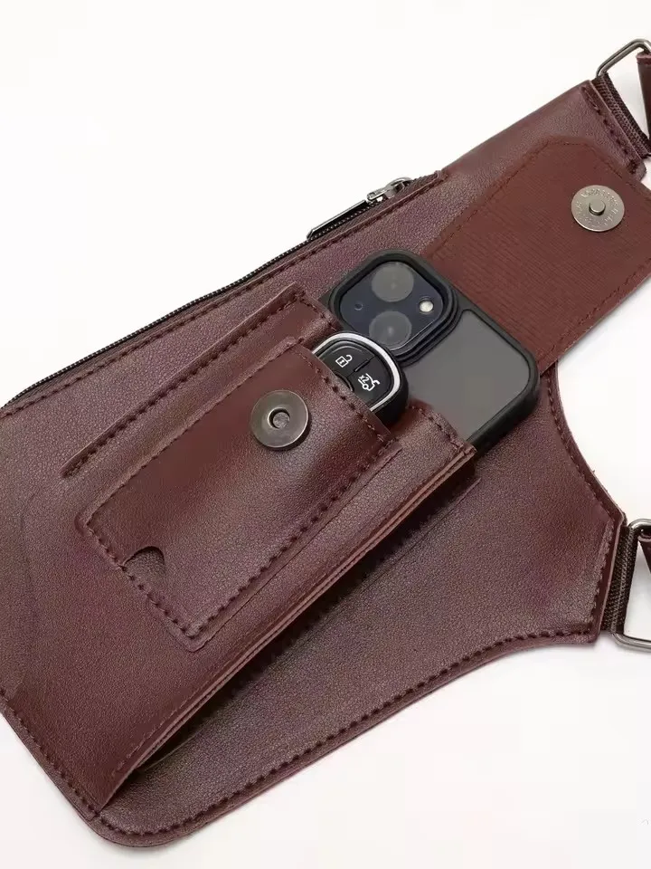 Retro Doppelschulterriemen Taktische Tasche Multi-Taschen Diebstahlsicher Wasserdicht PU Outdoor Reise Wandern Brusttasche für Männer Täglicher Gebrauch – Detail 4