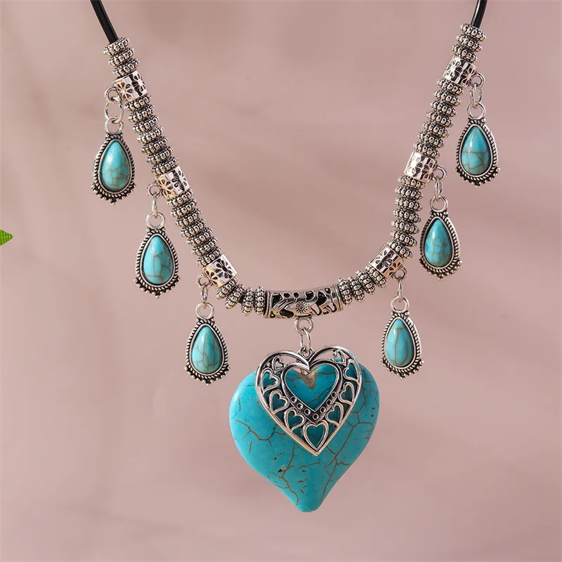 Aihua Böhmen Türkis Stein Herz Halskette für Frauen Halsband Collier Femme Ethnische Tibetischen Silber Halsketten Aussage Schmuck – Detail 3