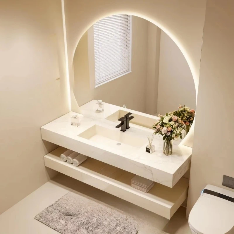 Modern sintered stone countertops, bathroom vanities with seamless ceramic sink cabinets
