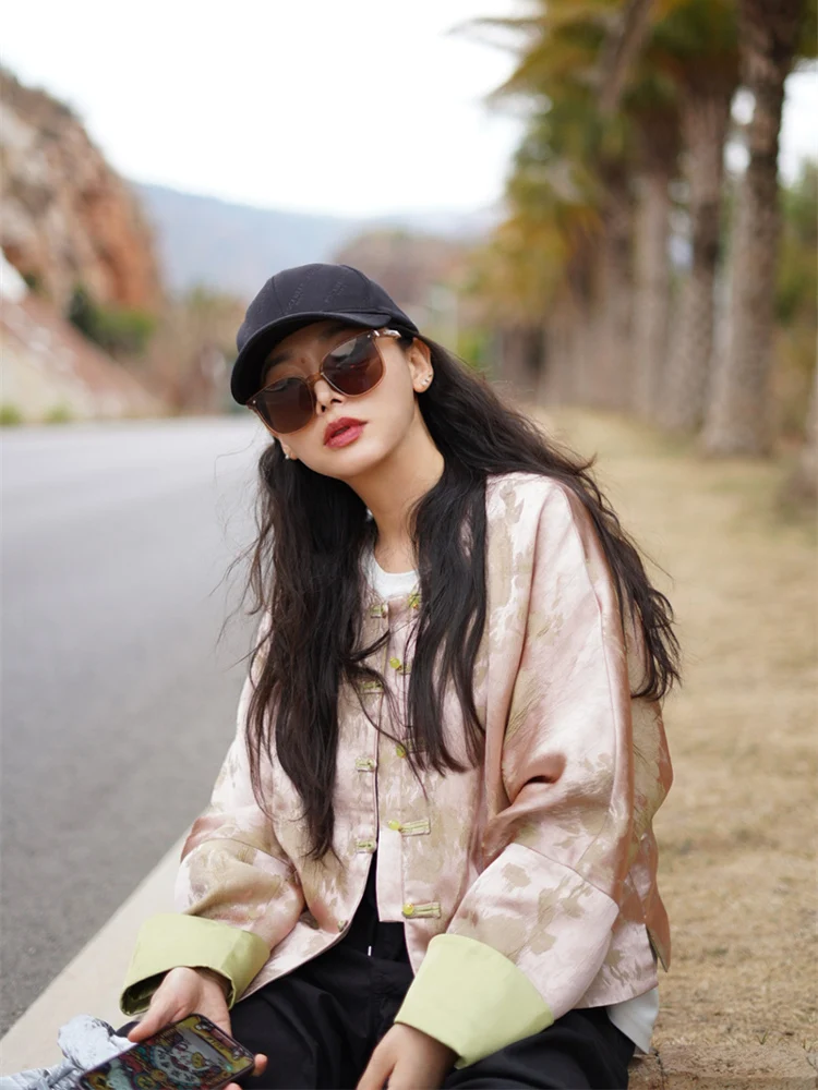 

Новая китайская шелковая ацетатная куртка в стиле ретро, женская верхняя одежда с цветочным принтом Emed, круглое длинное пальто Sve