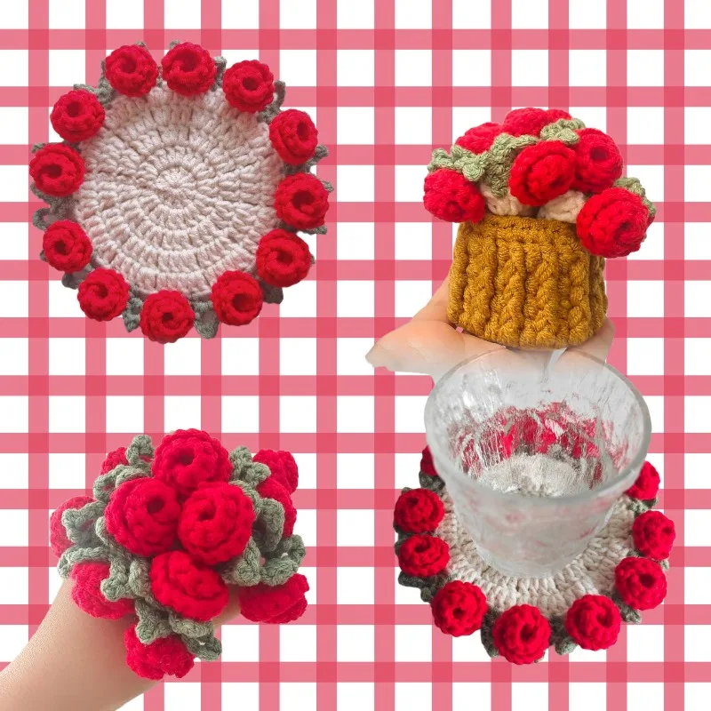 Handmade Rose Bouquet Coaster Wool Crocheted Coaster Hand Holding Bouquet Creative Gift Woven Flower Coaster Home Decoration