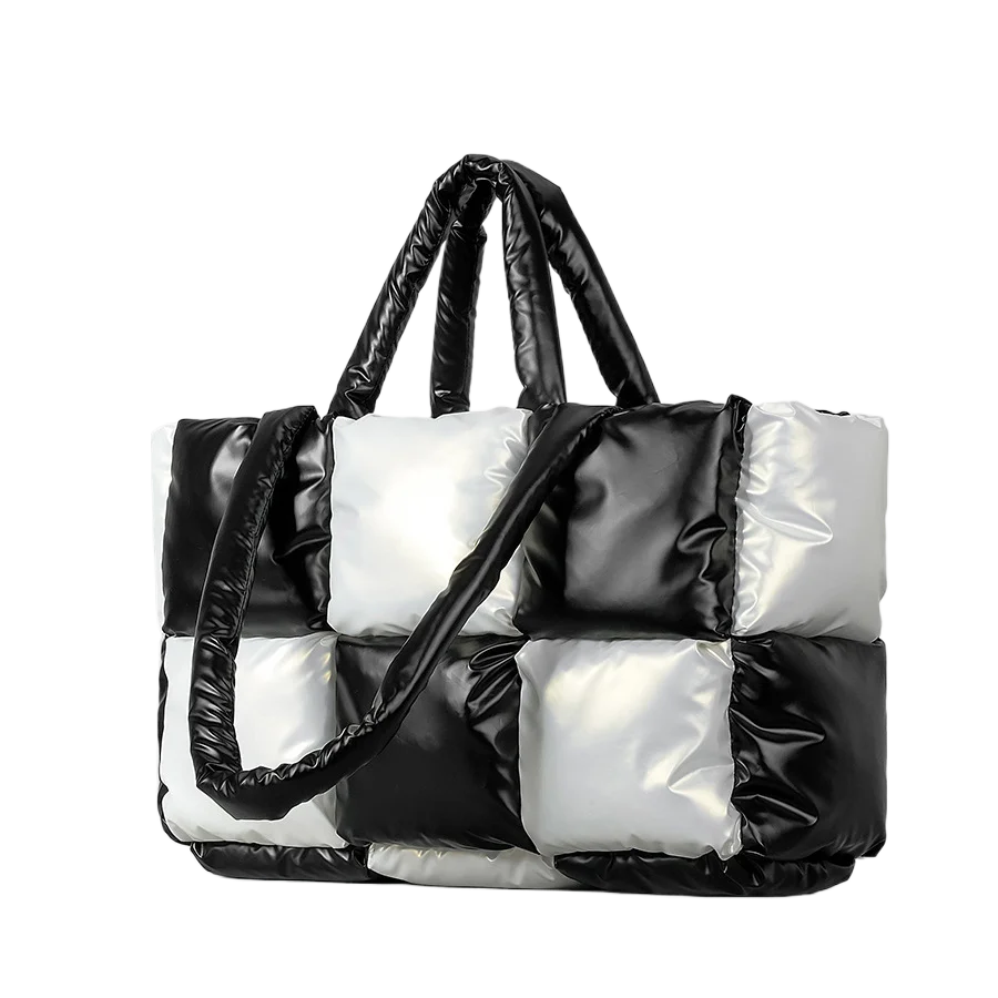 New Black and White Grid Tote Bag for Women Soft Lightweight Filled Cotton Shoulder Bag