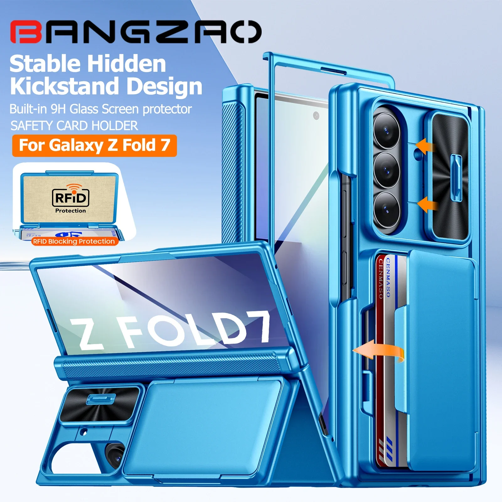 

Чехол-кошелек для Galaxy Z Fold 7, RFID-держатель для карт, чехол для камеры, подставка, противоударный силиконовый чехол для телефона на весь корпус-голубой