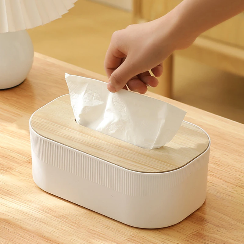 Plastic Tissue Box with Wooden Cover Nordic Simplicity Style Desktop Napkin Box Living Room Bathroom Toilet Square Tissue Box
