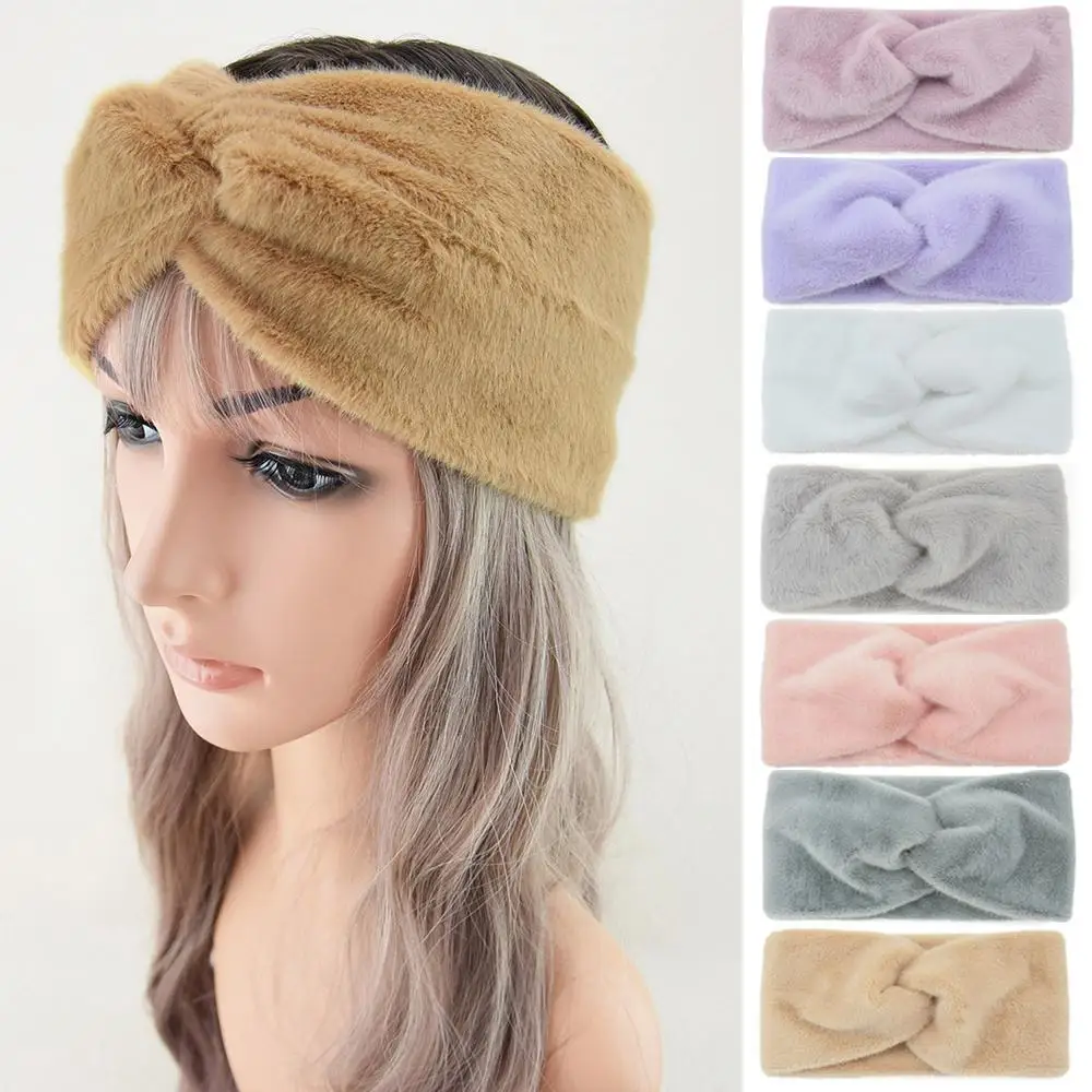 Tiara de imitação de pele de vison com nó, faixa de cabelo cruzada, orelha de inverno, pelúcia quente, elástica, cor sólida, ampla, turbante