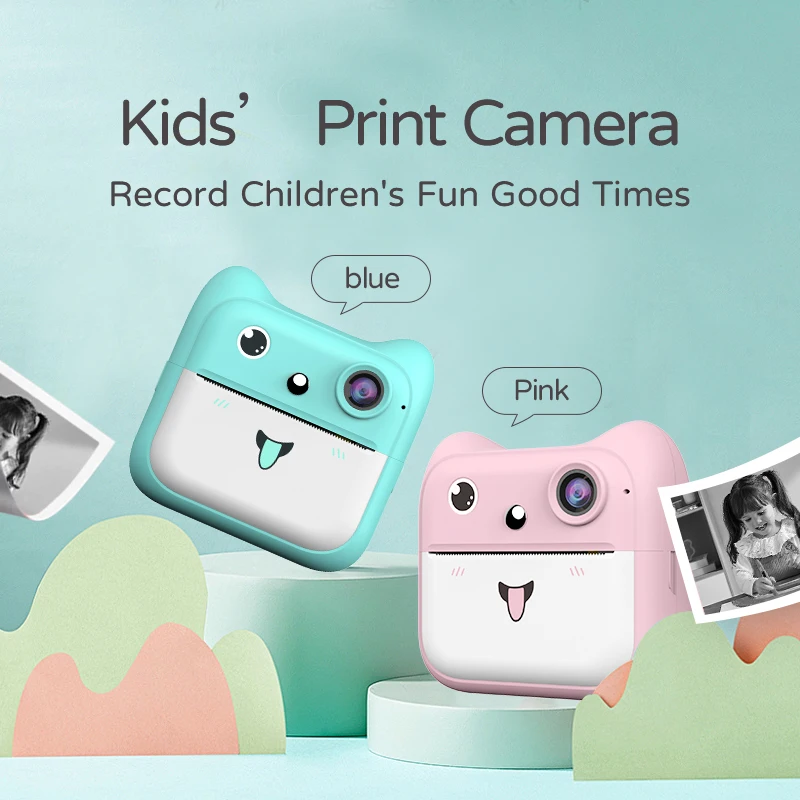 Printer Kamera Foto Anak Biru Merah Muda dengan Video Digital Mini Lucu Permainan Kamera Cetak Instan Anak Hadiah Ulang Tahun Anak Perempuan Laki-laki