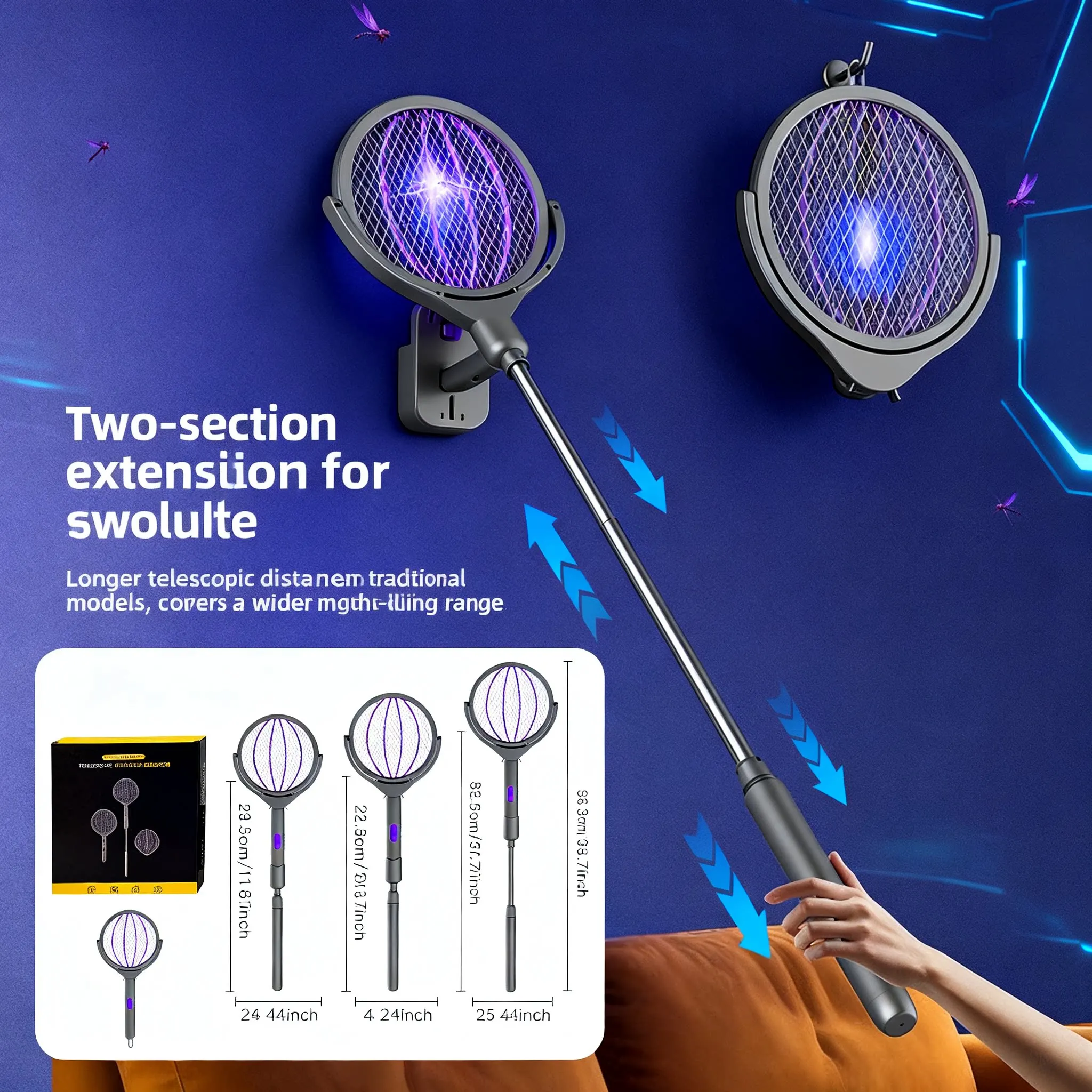 4-In-One Electric Mosquito Racket Featuring a Purple Insect Light for Indoor Use in Homes Equipped with a Retractable Handle