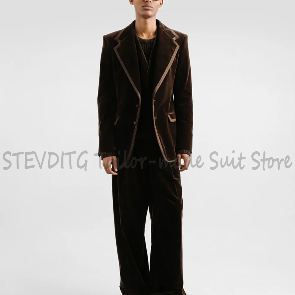 

Brown Velvet Two Pieces Set Notch Lapel Groom's Wedding Suit Straight Fit Single Breasted Casual Prom Outfit(Blazer+Pants)
