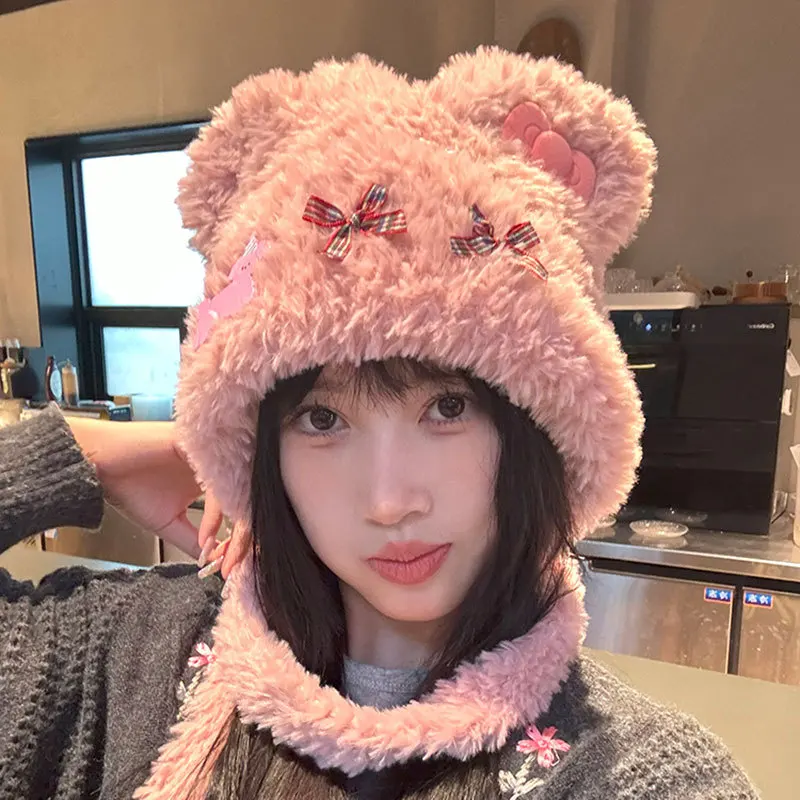 

Women's Wimter Cute Hats Sweet Style Bow Bear Ear Plush Hat Autumn Winter Knitted Woolen Ear Protection Hat Warmth New Wool Hat