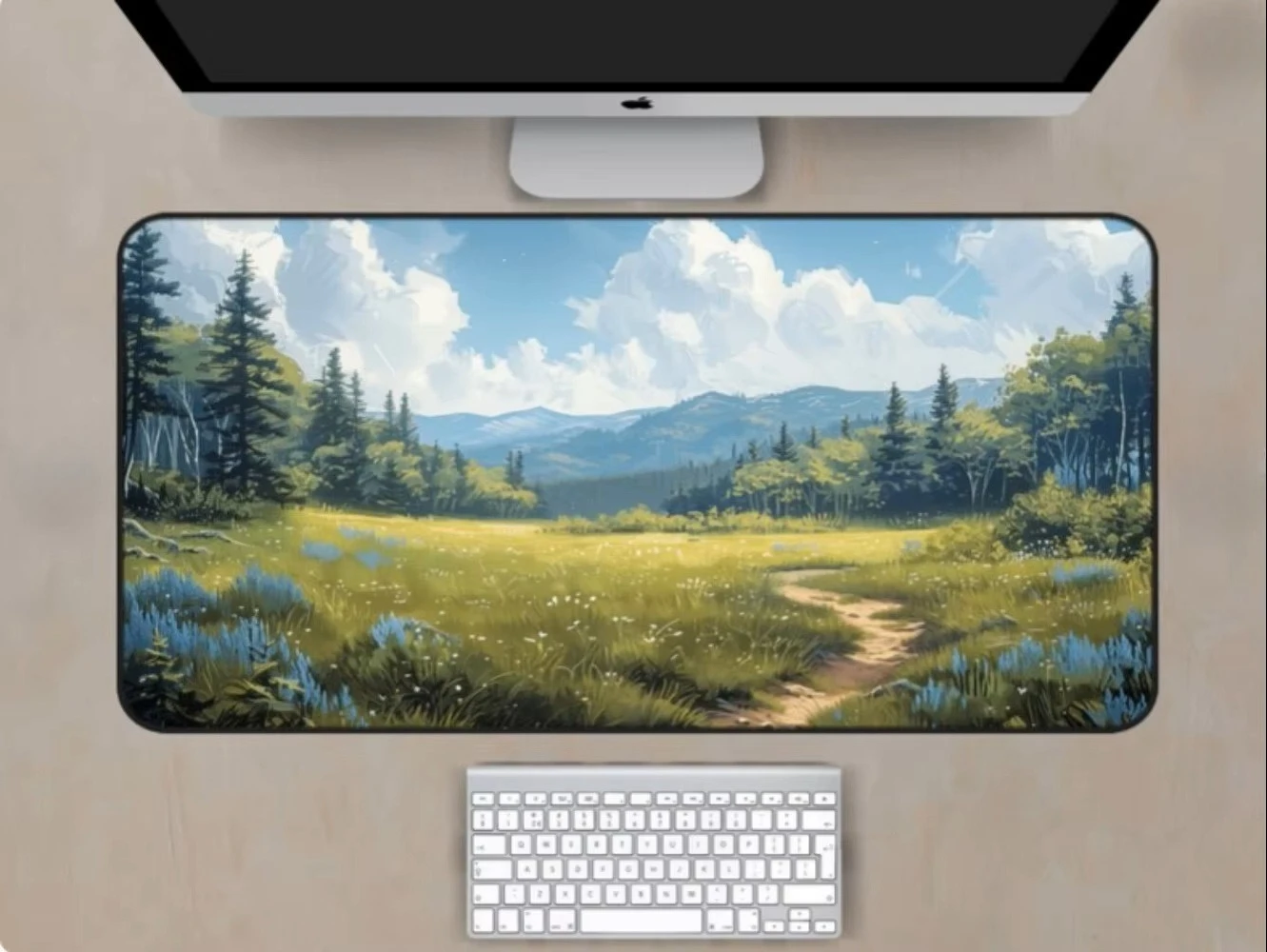 Mountain Forest River Landscape Desk Mat Extra Large Gaming Mousepad Anti-slip Rubber Base Stitched Edge Keyboard Table Pad